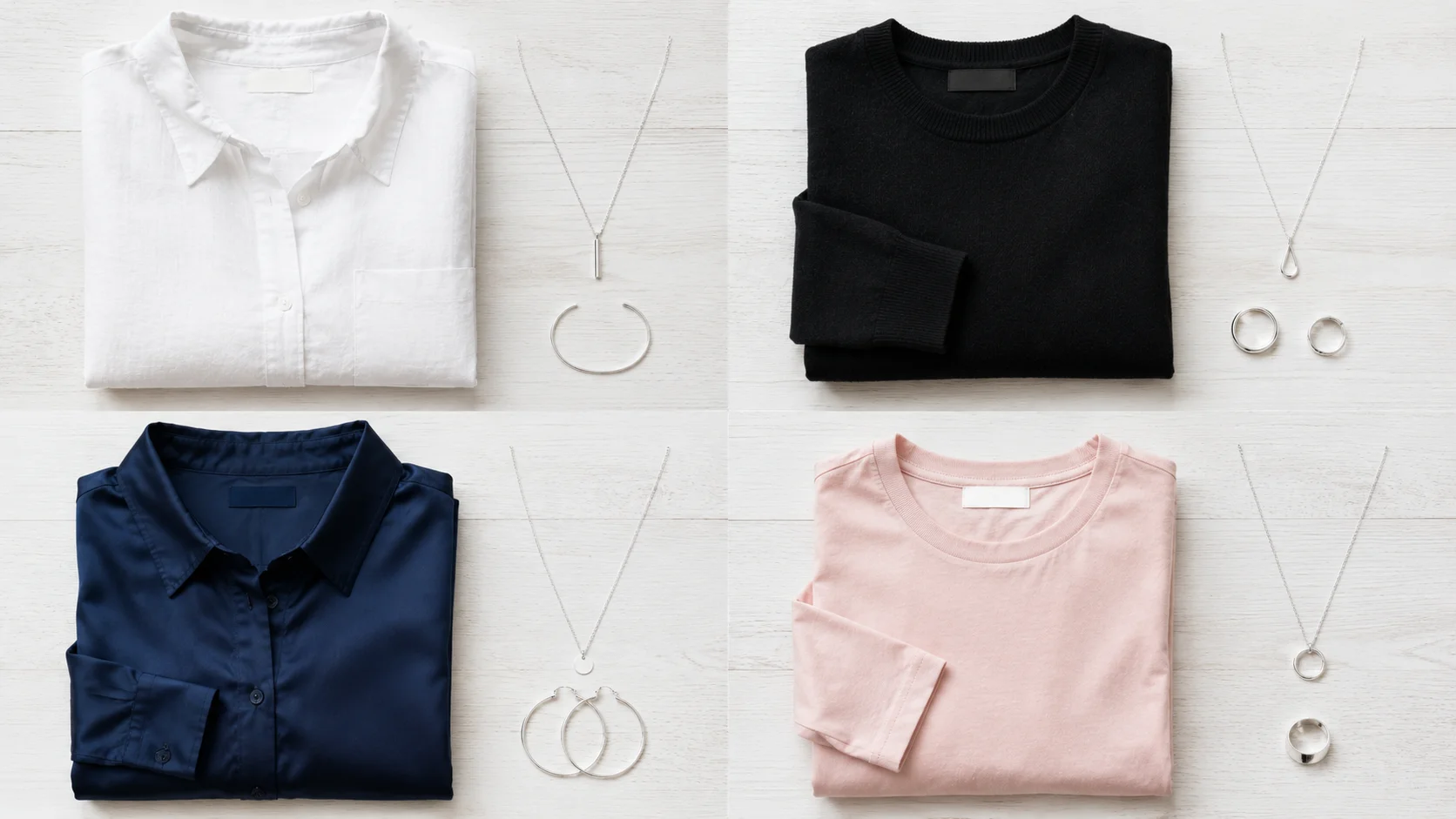 Phối trang sức bạc với outfit màu trắng đen xanh navy và hồng pastel