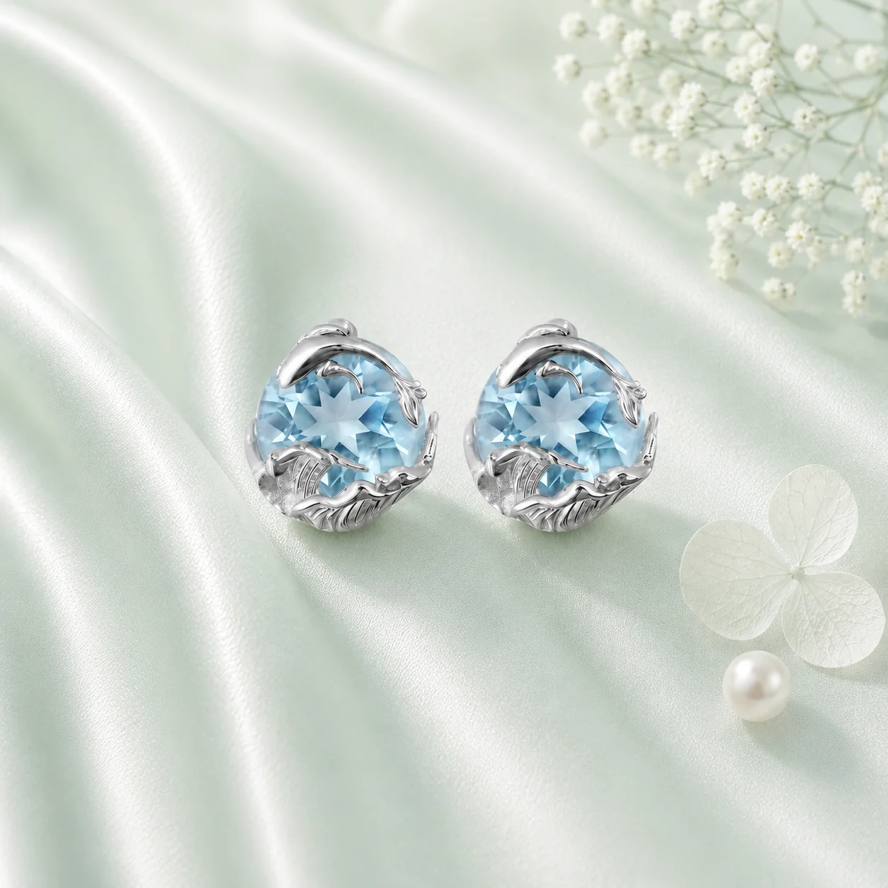 Bông tai nút bạc 925 gắn đá Blue Topaz xanh lam tròn cao cấp