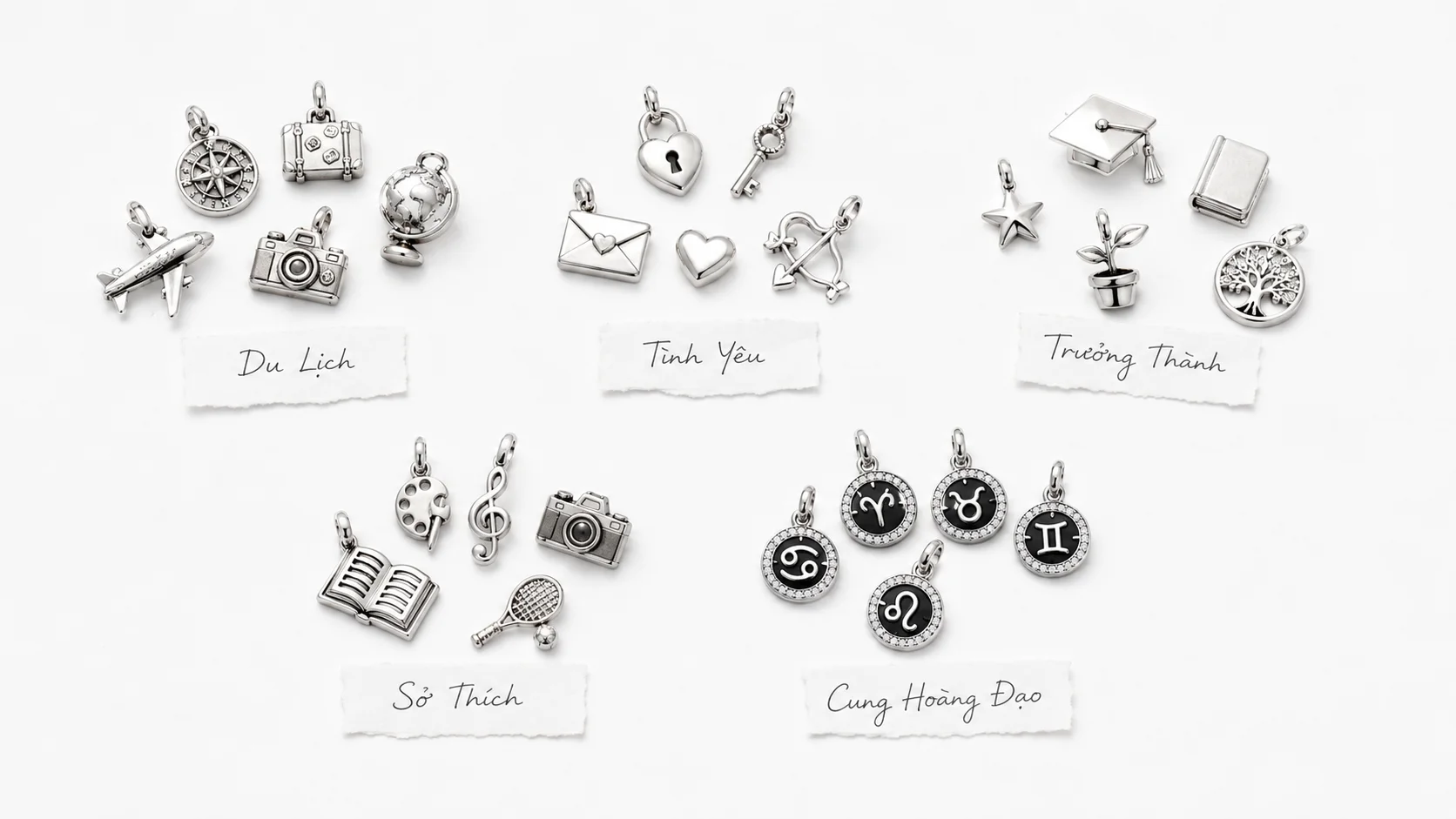 Các loại charm theo chủ đề du lịch tình yêu trưởng thành sở thích và cung hoàng đạo