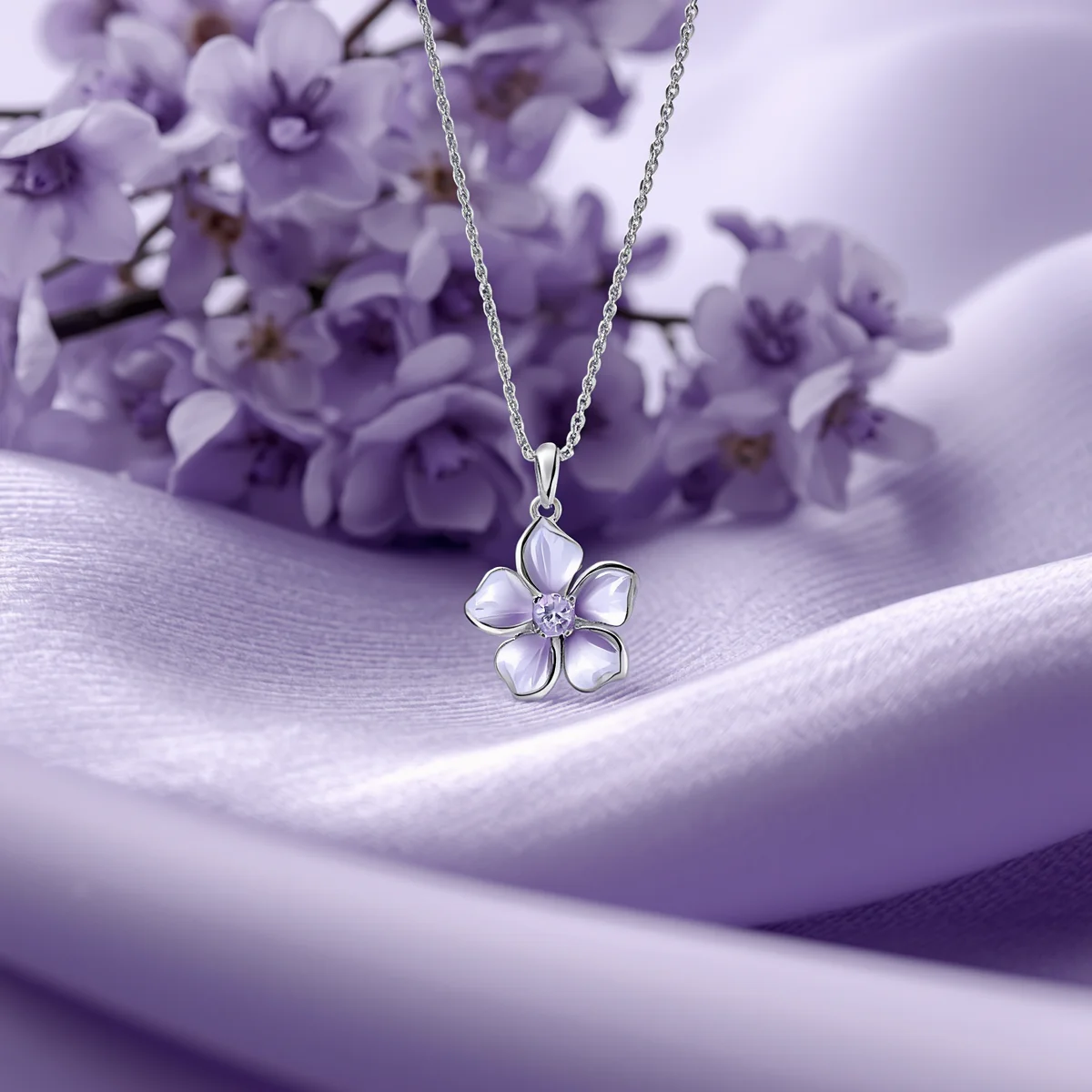 Dây chuyền bạc hoa violet tím dành cho tháng 2