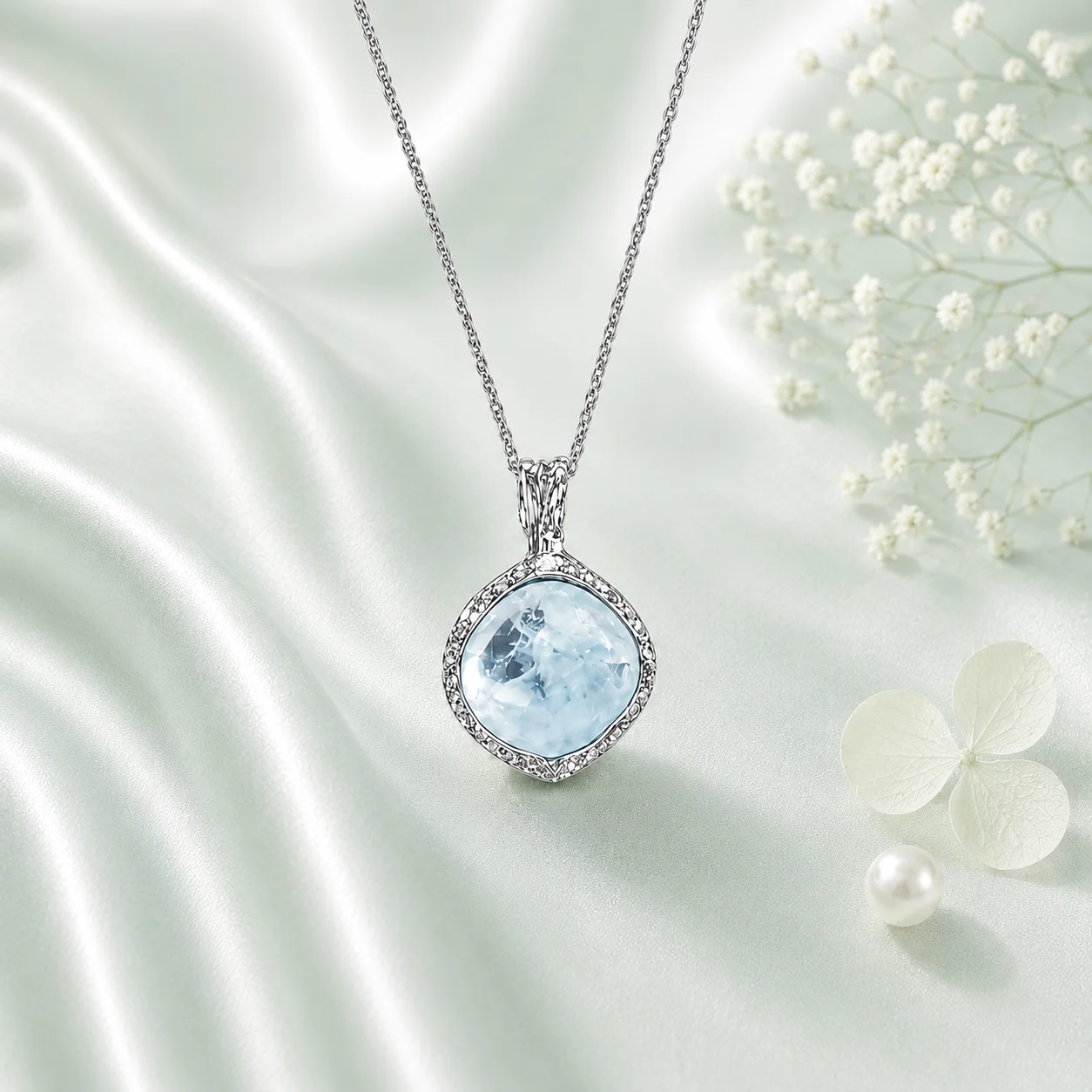 Dây chuyền bạc 925 mặt đá Aquamarine xanh lam tự nhiên