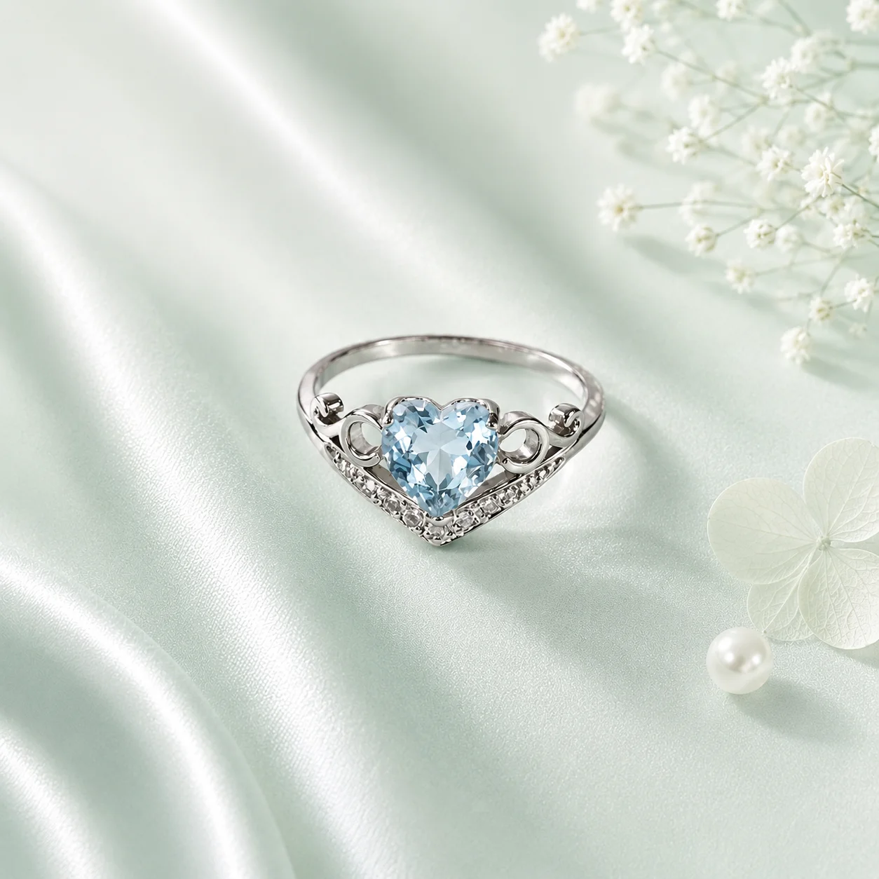Nhẫn bạc 925 gắn đá Aquamarine xanh lam hình trái tim tự nhiên cao cấp