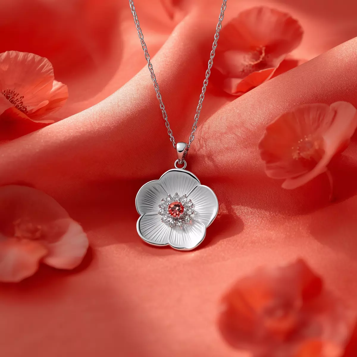 Dây chuyền bạc Poppy Flame hoa anh túc tháng 8